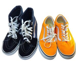 2 Vans lot  Sk8 Hi Black Blue & Old Skool Orange Canvas High Top Sneakers